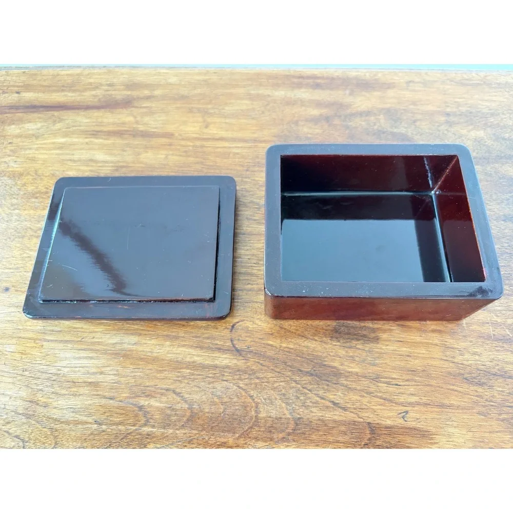 Vintage Japanese Lacquer Trinket Box Mother of Pearl Bamboo Inlay Wood Mahogany